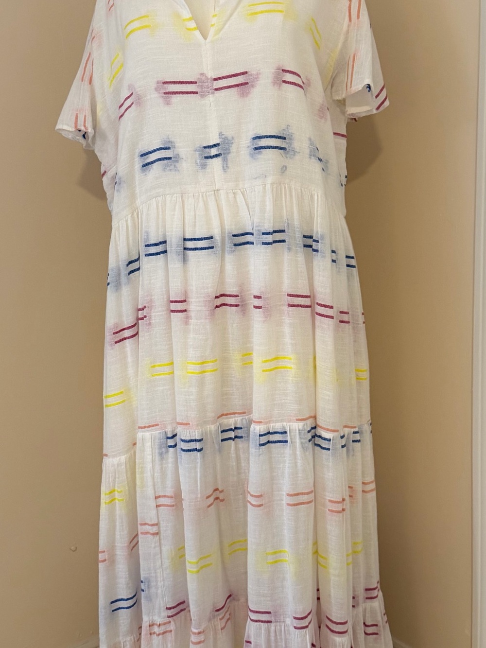 Oliphant White Maxi Dress with Blue, Yellow, Pink and Orange Stripes